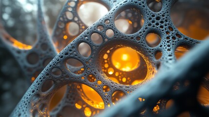 Close up of porous structure with orange light shining through the holes creating an abstract design
