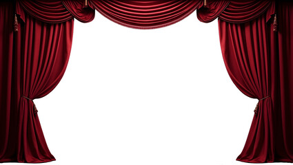 Elegant Red Velvet Theater Stage Curtains Opening - Isolated Transparent PNG Graphic Element.