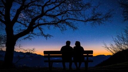 A couple sits on a bench looking at the night sky