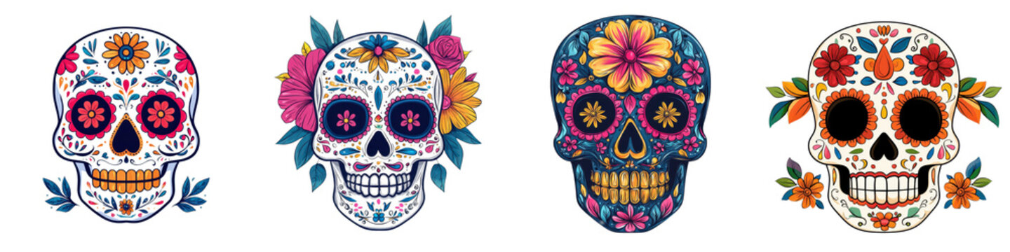 Vibrant ornate sugar skull designs adorned with intricate floral patterns reflecting the traditional Mexican Day of the Dead