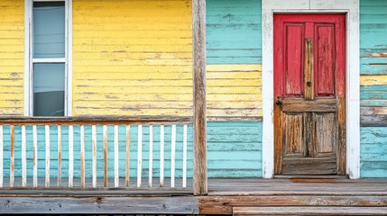 Colorful exterior of a wooden house with porch and door