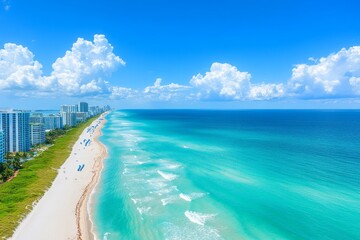 Fototapeta premium A stunning aerial view of Miami Beach, with turquoise waters and white sandy shores stretching along the coast