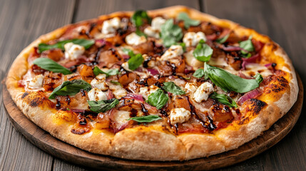 delicious wood fired pizza topped with caramelized onions, goat cheese, and fresh basil
