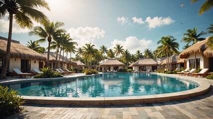 Fototapeta premium A pool surrounded by palm trees and a beach setting