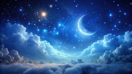 Naklejka premium Serene Night Sky A Celestial Tapestry of Moonlit Clouds and Sparkling Stars Above a Dreamlike Landscape