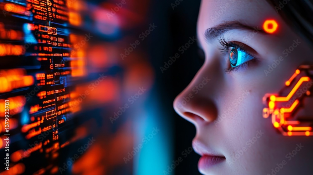 Aufkleber A humanoid face displays glowing circuits and vibrant blue and yellow eyes while a digital grid fills the background, highlighting themes of artificial intelligence