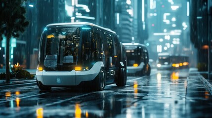 Obraz premium Futuristic Autonomous Vehicle Navigating a Rain-Soaked Cityscape at Night