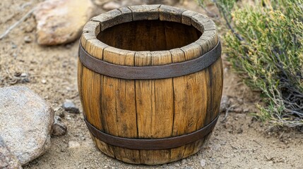 Fototapeta premium A weathered small wooden barrel resting on the arid ground
