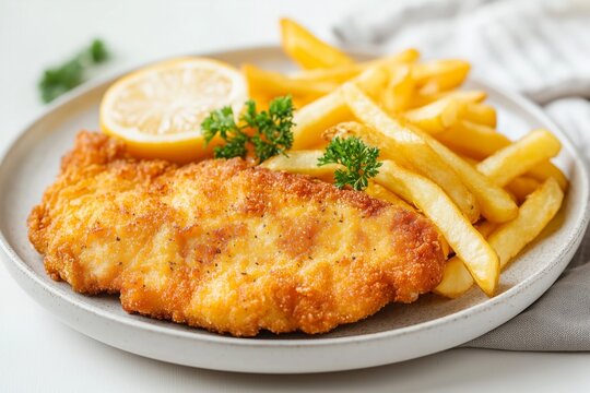 A plate with chicken schnitzel and French fries set against a clear backdrop