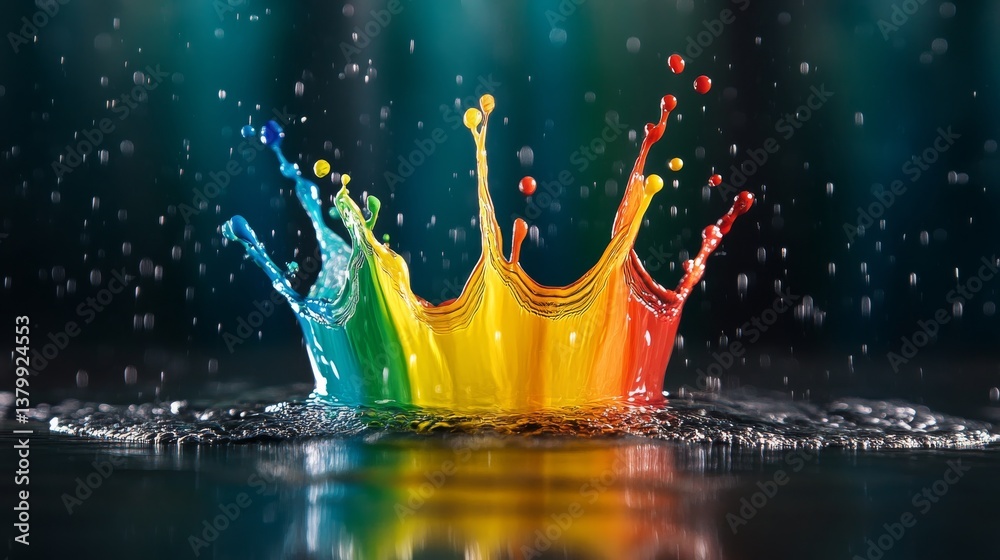 Poster a stunning splash of rainbow colors bursts in mid-air, showcasing energy and creativity against a da