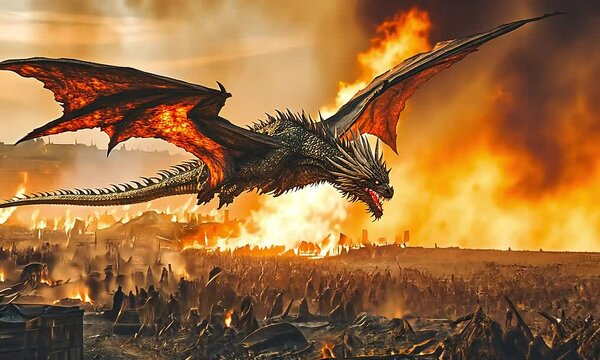 Fiery dragon soars above a massive battlefield
