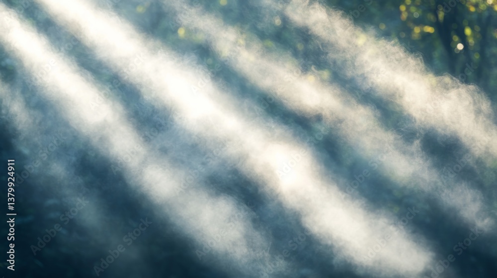 Poster bright sunlight streams through the tree canopy in the forest, illuminating swirling dust motes that