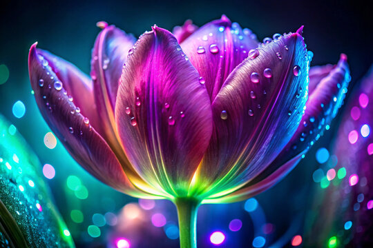 A tulip with glowing, bioluminescent petals in neon green and purple