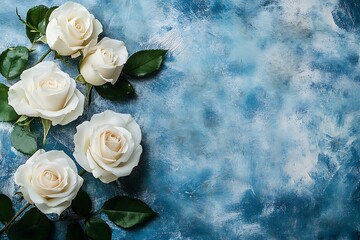 Serene ivory roses arranged on a textured blue backdrop, conveying purity and elegance with a soft, artistic feel.
