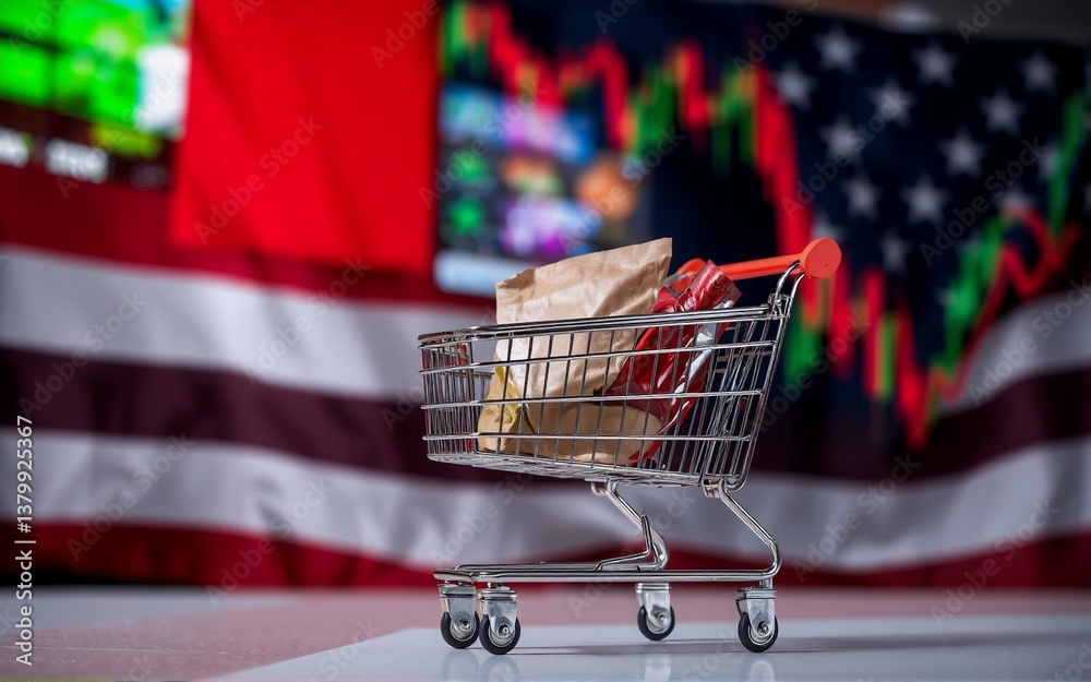 Aufkleber a shopping cart holds items against a backdrop, possibly implying economic themes between countries.