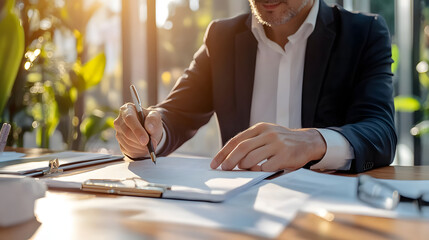 professional man in suit is writing on document at desk surrounded by greenery, conveying sense of focus and productivity. warm sunlight enhances atmosphere of workspace