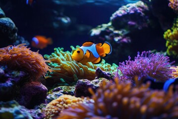 Vibrant clownfish swims amidst colorful coral and anemones in a thriving underwater reef ecosystem.