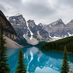 Majestic Moraine Lake Under Overcast Skies: Towering Rocky Mountains, Deep Blue Water Reflecting Snow-Dusted Peaks and Evergreen Pine Forests, Creating a Moody and Serene Landscape