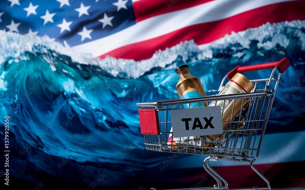Poster the image features a shopping cart carrying vials, with the us flag in the background. a wave symbol