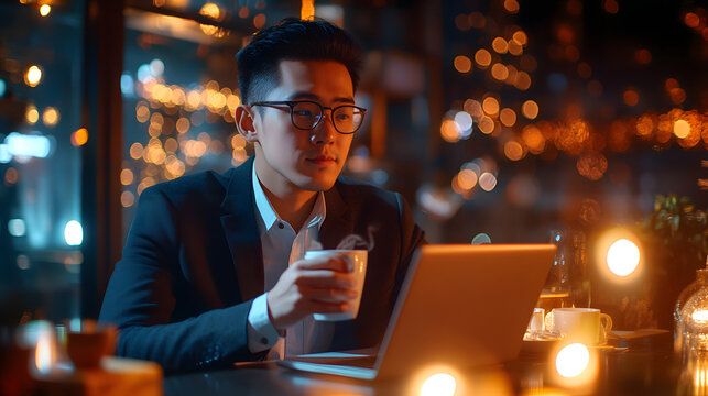 young professional man in suit is working on laptop in cozy, dimly lit cafe filled with warm lights. He holds cup, creating relaxed and focused atmosphere