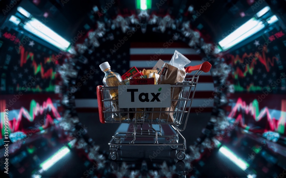 Poster a shopping cart filled with goods symbolizes the impact of taxes on consumer spending. a us flag and