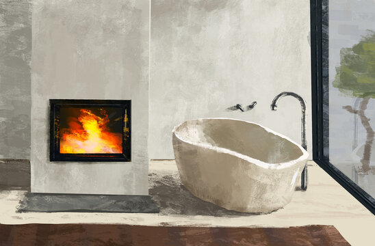 illustration of the design of a bathroom with a bathtub, fireplace and a large window in beige tones