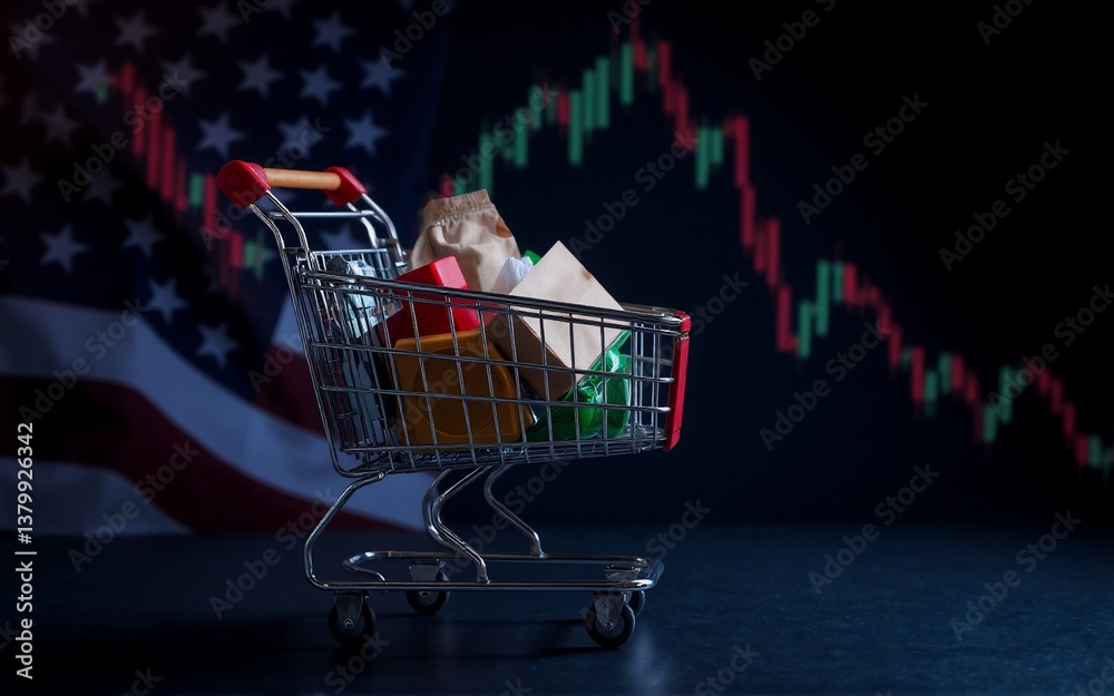 Aufkleber a shopping cart laden with goods stands before a backdrop with financial graphs and an american flag