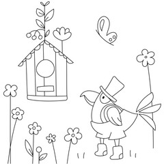 Simple coloring for kids. A bird in boots and a hat stands near a birdhouse with a flowering branch