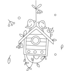 Simple coloring for kids. Two birds are sitting on their cozy nest, a birdhouse, blooming in the spring.