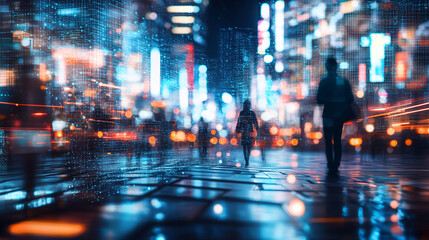 Fototapeta premium People walking in a futuristic city with bright lights and a network overlay at night time scene