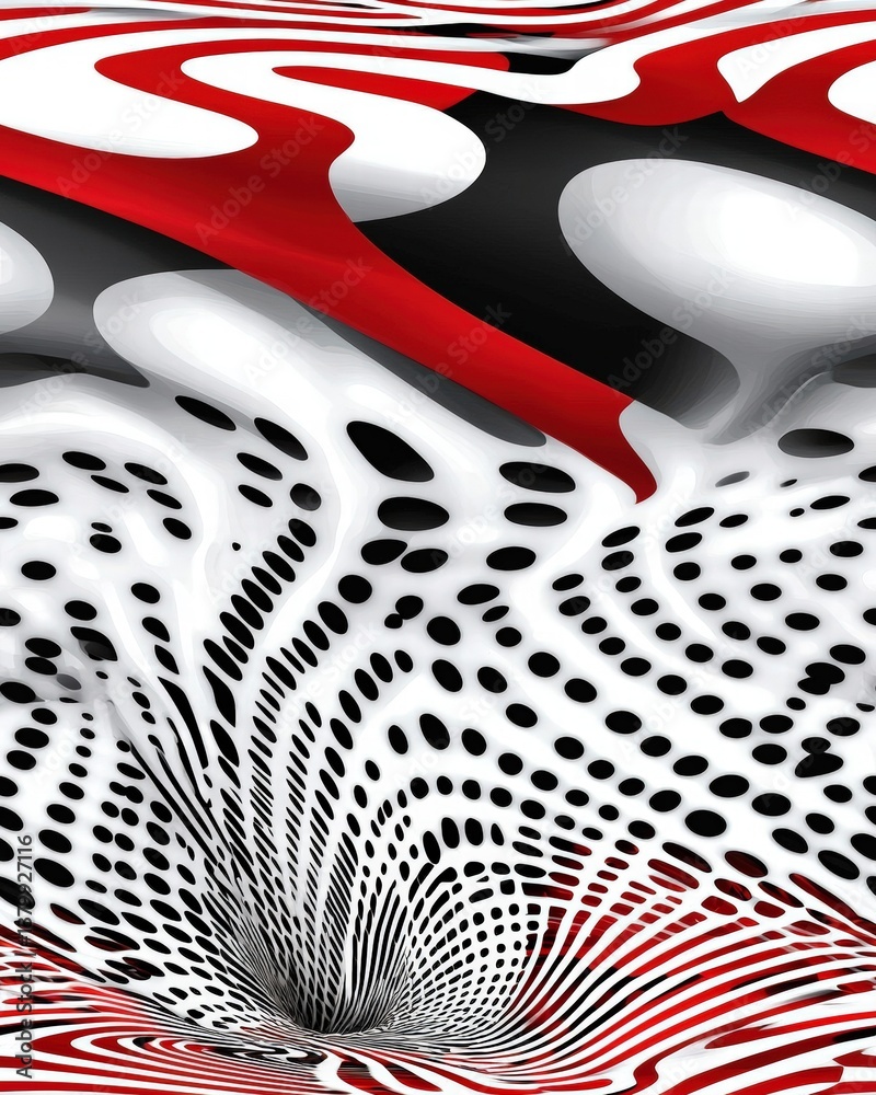 Poster striking red and white abstract background with dynamic patterns creating a bold visual statement