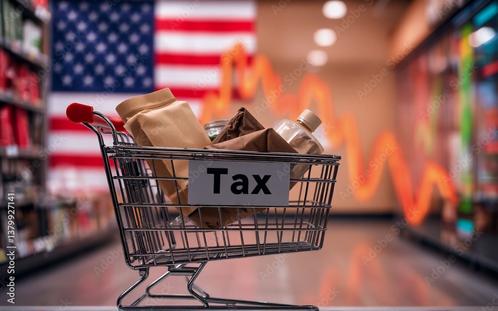 Poster shopping cart filled with goods, set against a backdrop of a us flag and a declining graph, alluding