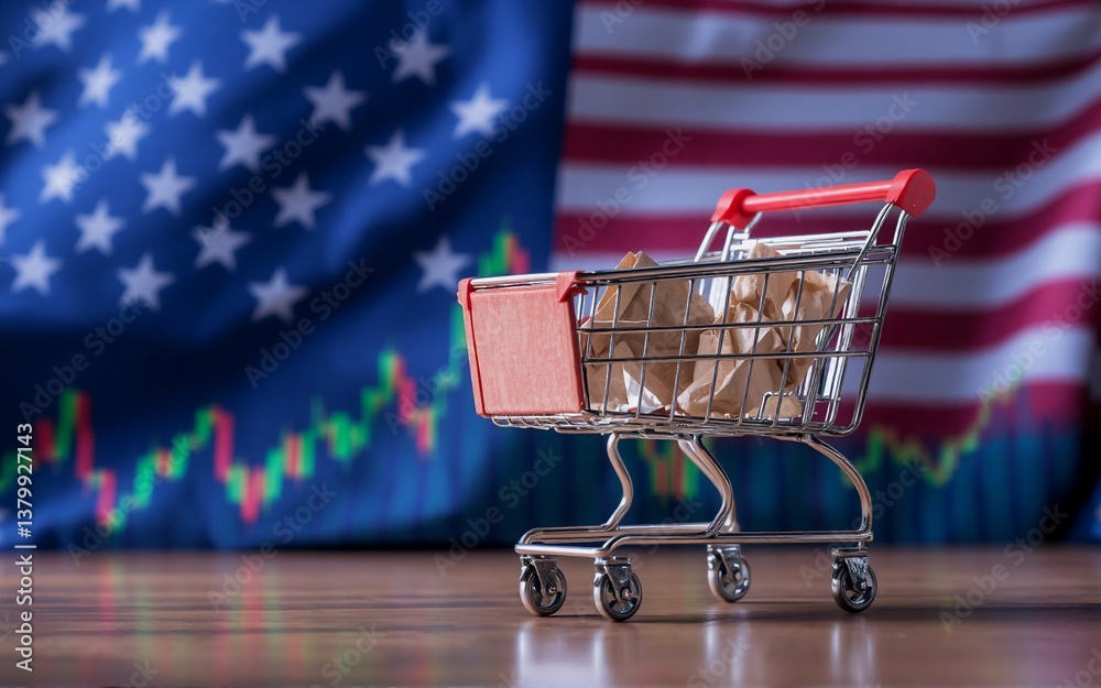 Poster a shopping cart, filled with objects, sits before an american flag backdrop, set against a market gr