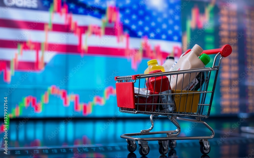 Poster A shopping cart filled with groceries sits before a blurred image of a chart and flag, representing consumer goods and their relation to the economy. The groceries appear to be everyday household item