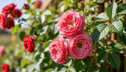 Climbing Roses blooming in a sunny garden  