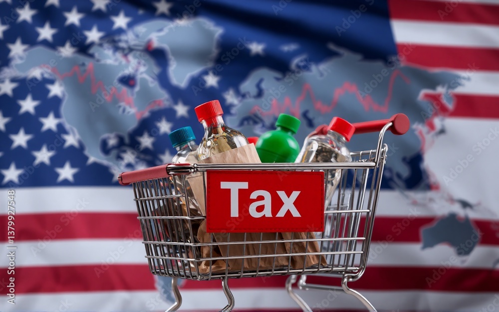 Poster A shopping cart filled with bottles and other items sits in front of an American flag, hinting at consumerism and tax implications in the United States. The world map is also displayed behind the flag