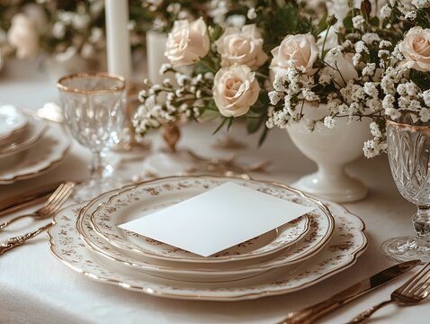 Elegant formal table setting with floral centerpiece and gift card