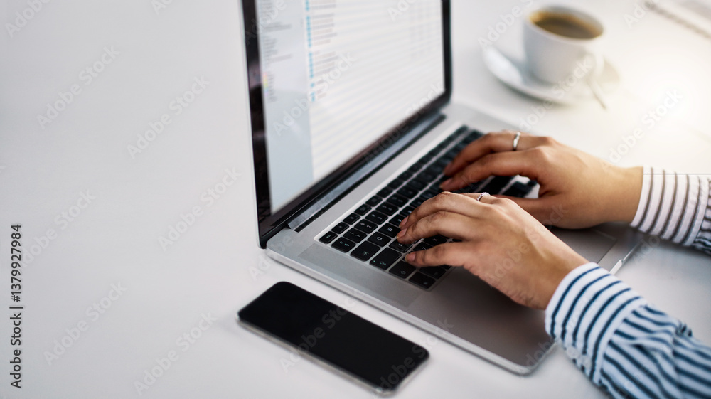 Poster laptop screen, report and hands of business woman in office for email, seo review and client feedbac