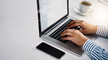 Laptop screen, report and hands of business woman in office for email, seo review and client...
