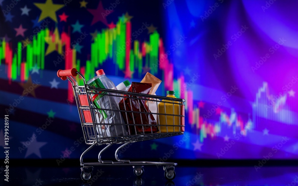 Fototapete shopping cart filled with groceries set against a backdrop representing financial activity. the back