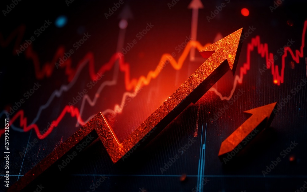 Poster the image depicts rising trends indicated by glowing upward arrows against a backdrop of dynamic gra