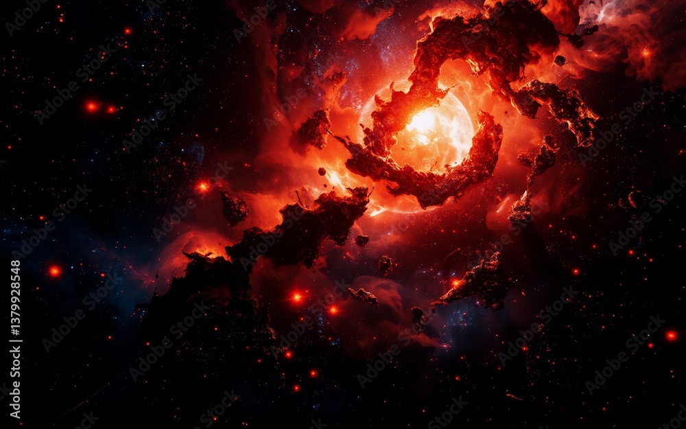 Poster cosmic vista showcasing a fiery celestial phenomenon, swirling clouds of red and orange, with scatte