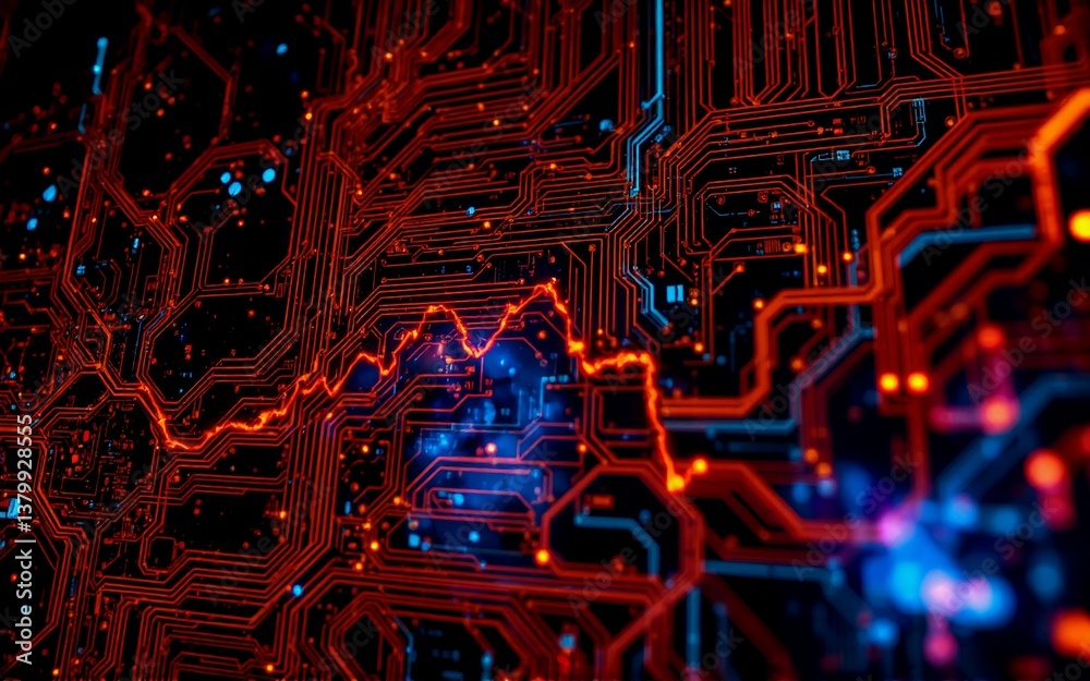 Fototapete Hint: The image depicts a complex digital circuit board with an overlay suggesting data flow and processing.

A close-up view of a high-tech circuit board, illuminated with vibrant red and blue lights