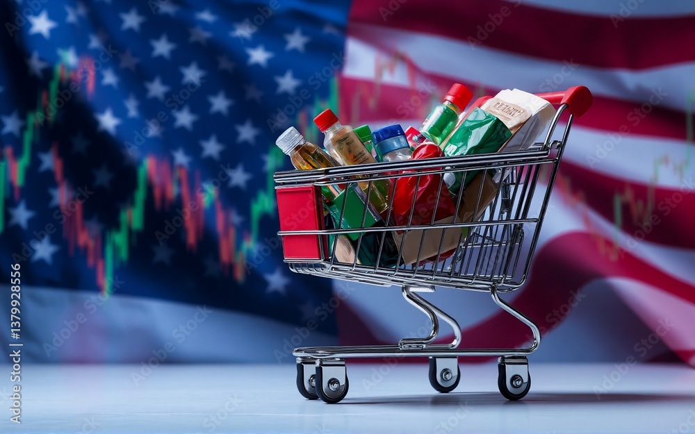 Poster the image depicts a shopping cart overflowing with goods, set against an american flag background wi