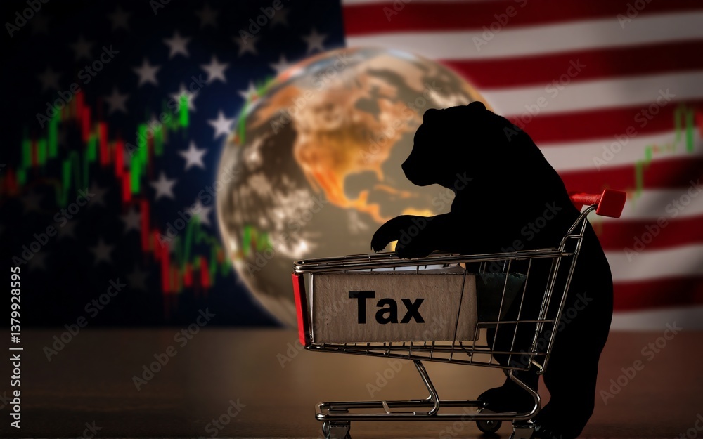 Poster here's the description and keywords: image depicts a bear silhouette, holding a shopping cart labele