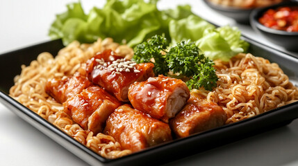 Fototapeta premium A serving of noodles with mousse sweet chili chicken and spring rolls, isolated on a white background