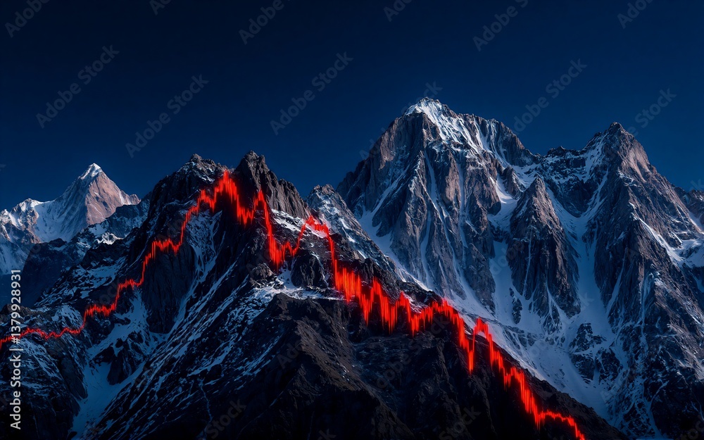 Poster a mountain range has red patterns overlaying its peaks, suggesting fluctuations. hints of a dark sky