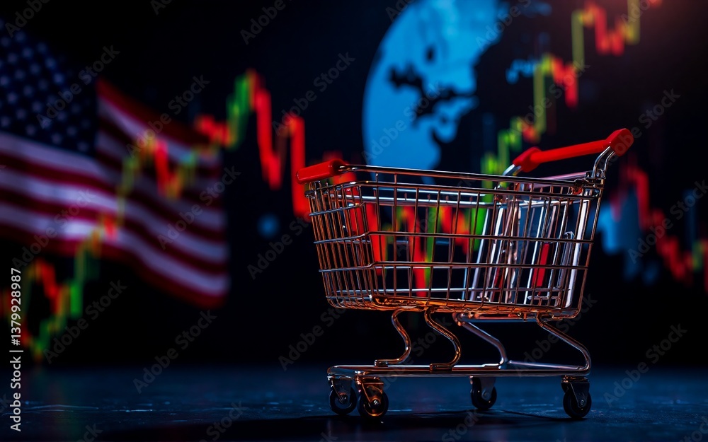 Aufkleber a shopping cart sits before a blurred stock market graph with a waving flag. the image suggests econ