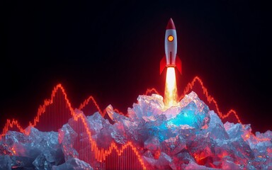 Obraz premium Here's the description and keywords based on the image:A rocket launches dramatically over a terrain with fiery peaks, symbolizing growth and progress, against a dark backdrop with red lines. The im