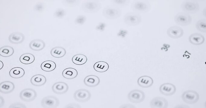 Student knowledge test with numbers and letters for choosing answers. Paper sheet with questions to check academic success of pupils at school